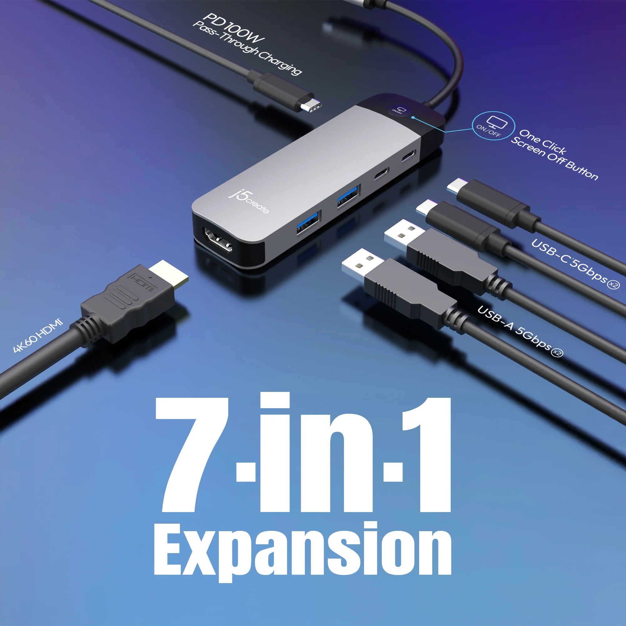 JCD3002 USB-C® 7-in-1 4K Multi-Port Hub with Screen-Off Control (PD) - Image 3