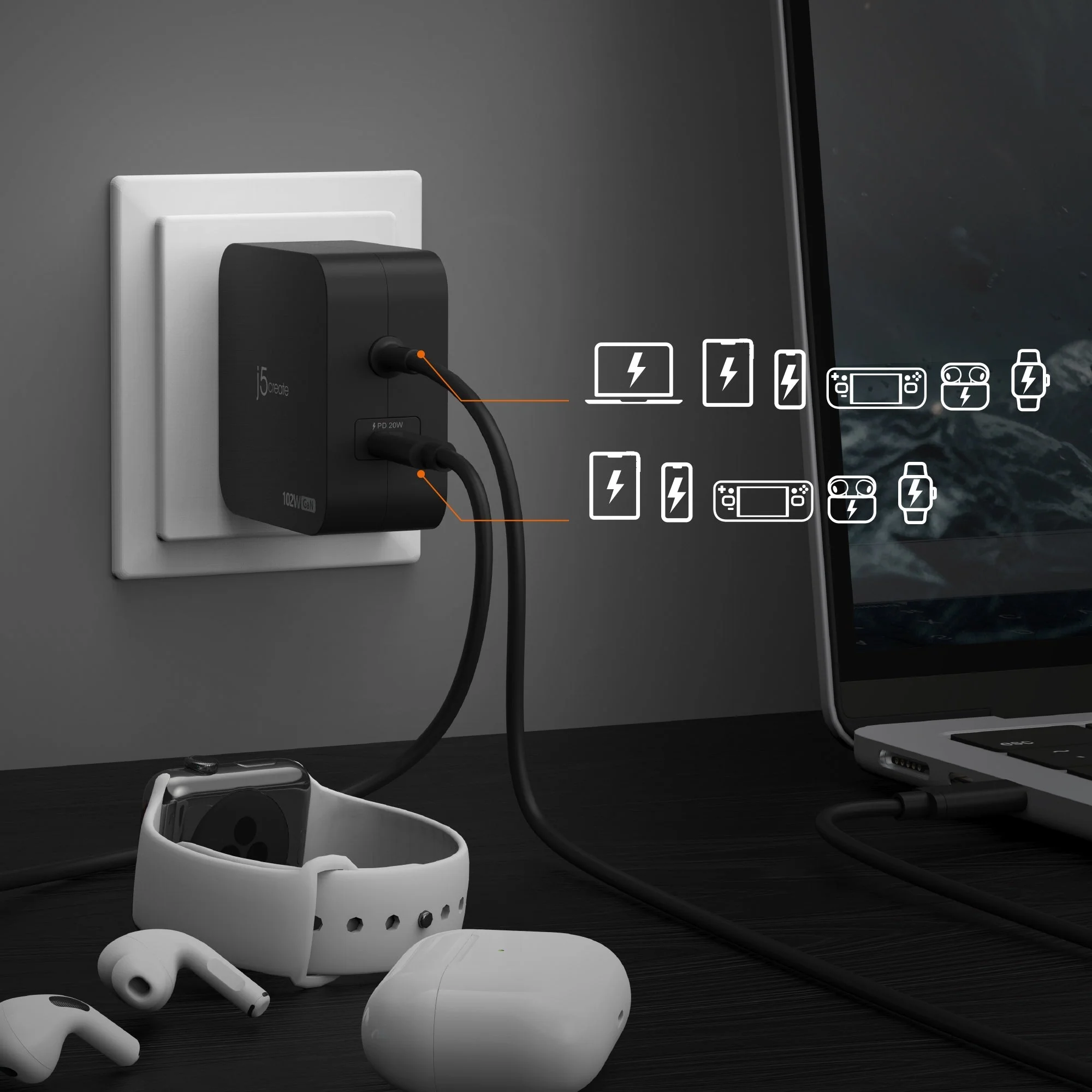 JUP25102V 102W GaN PD USB-C® 2-Port Charger with Changeable AC Plugs - Image 10