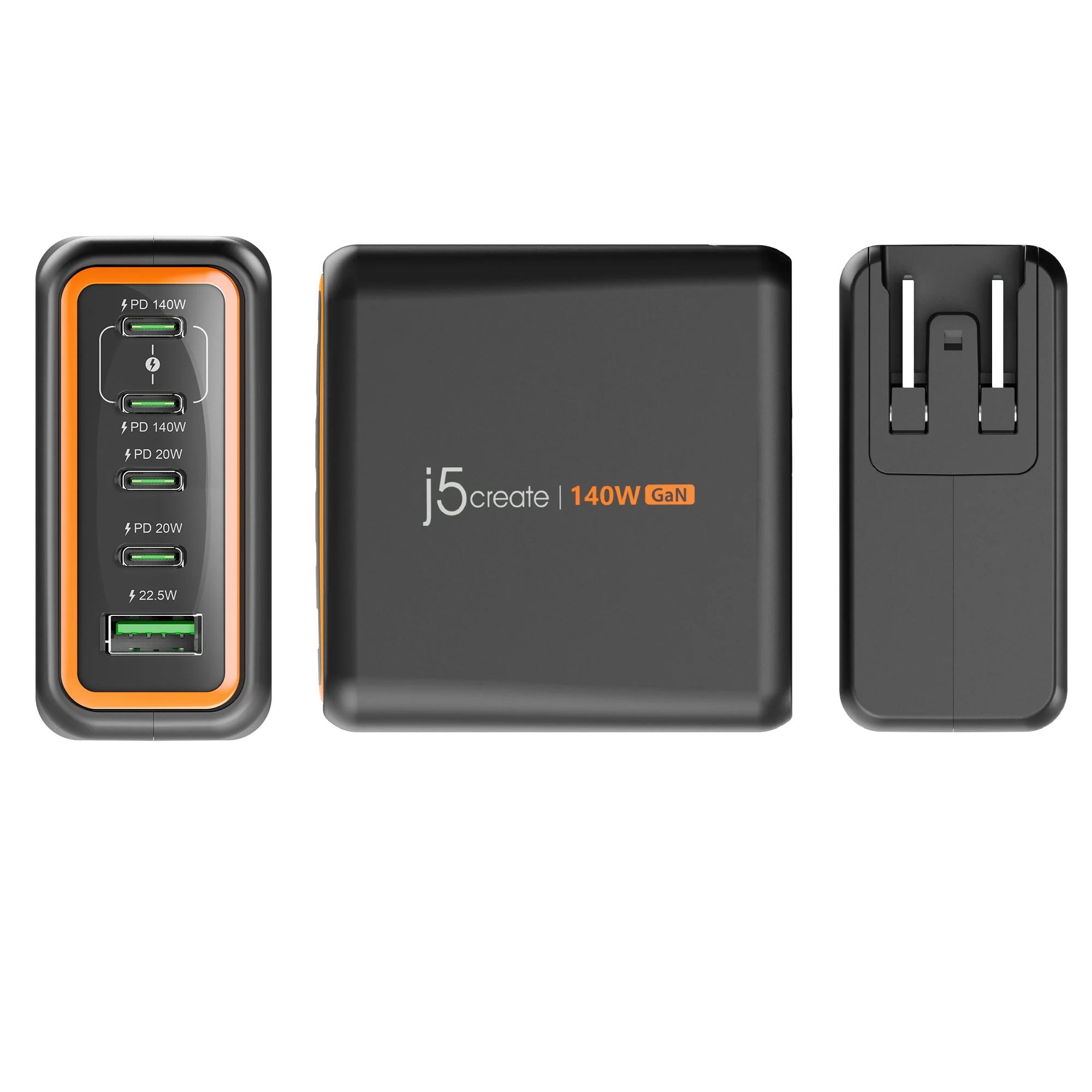 JUP57140V 140W GaN PD3.1 USB-C® 5-Port Charger with Changeable AC Plugs - Image 3