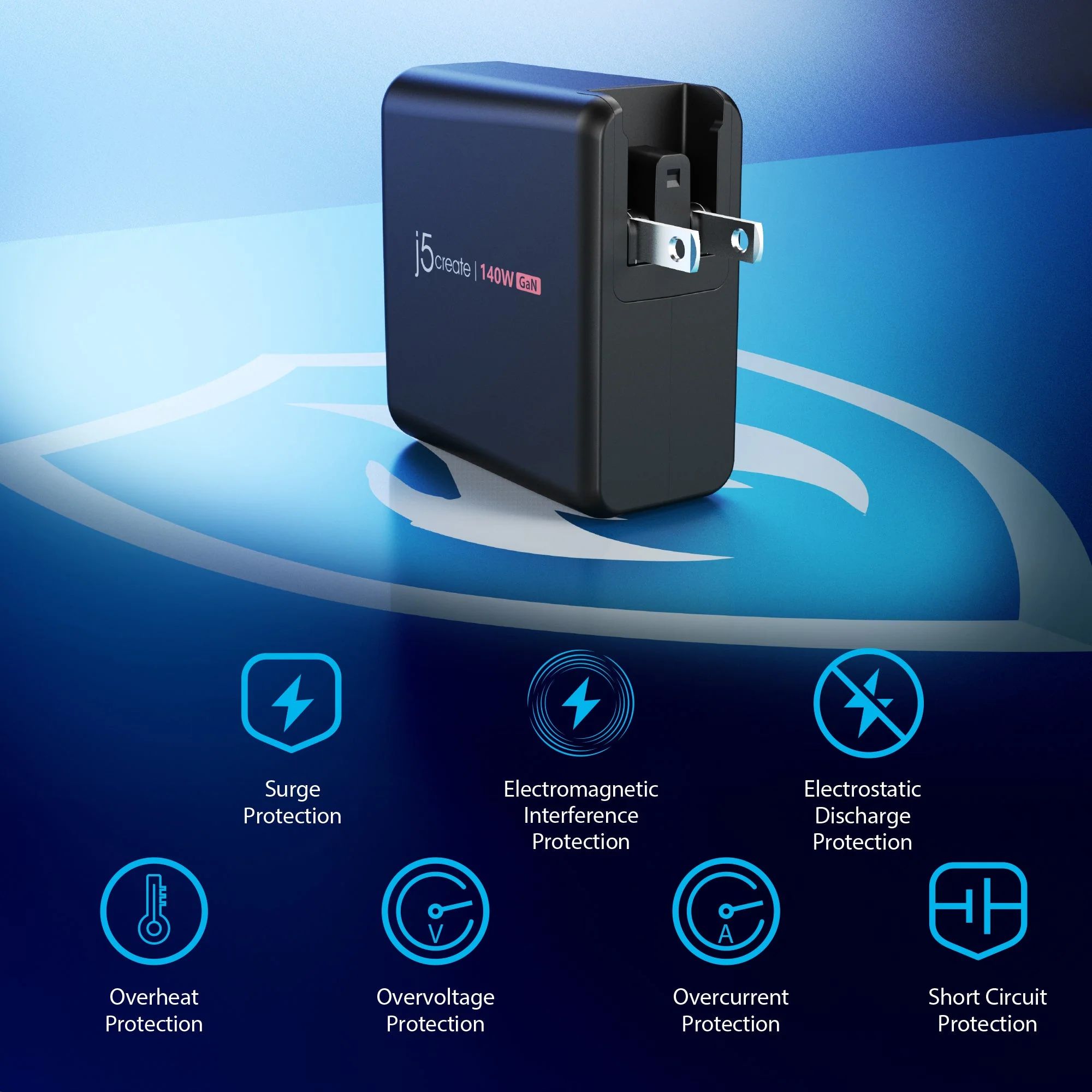 JUP57140V 140W GaN PD3.1 USB-C® 5-Port Charger with Changeable AC Plugs - Image 7