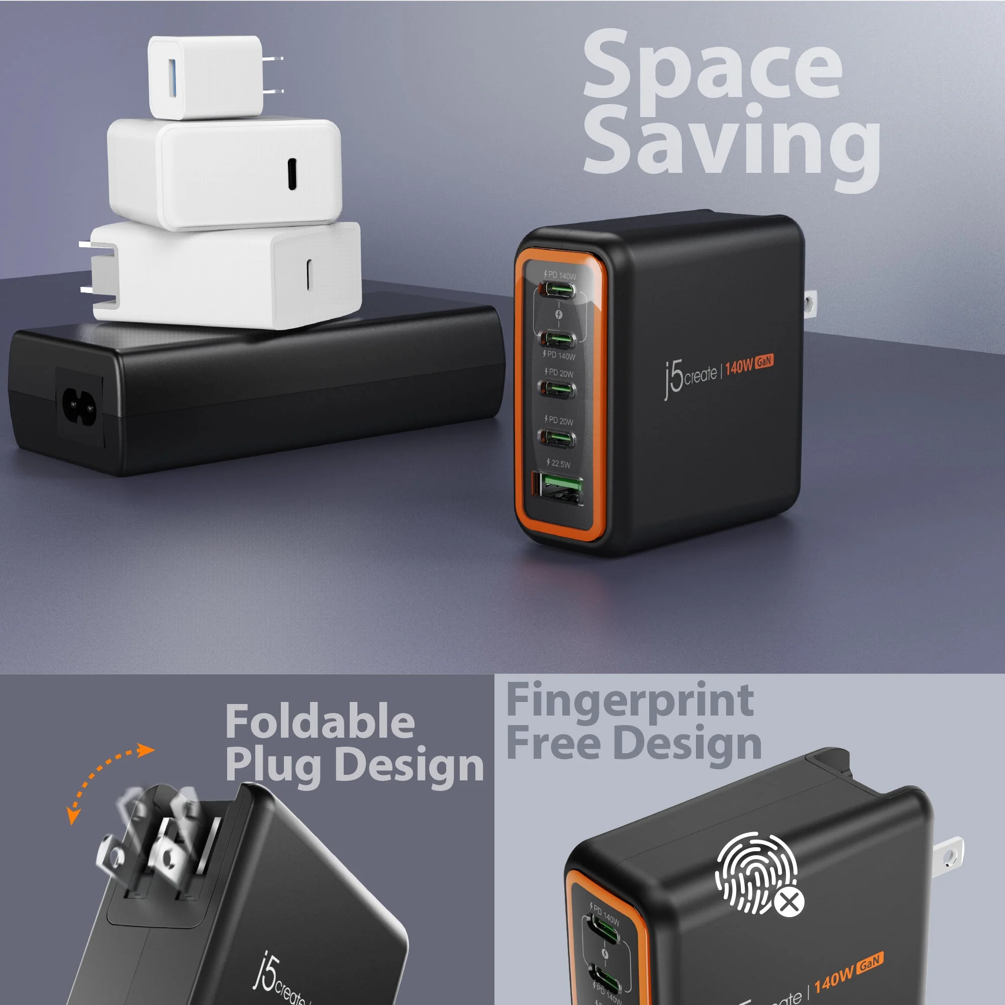 JUP57140V 140W GaN PD3.1 USB-C® 5-Port Charger with Changeable AC Plugs - Image 9